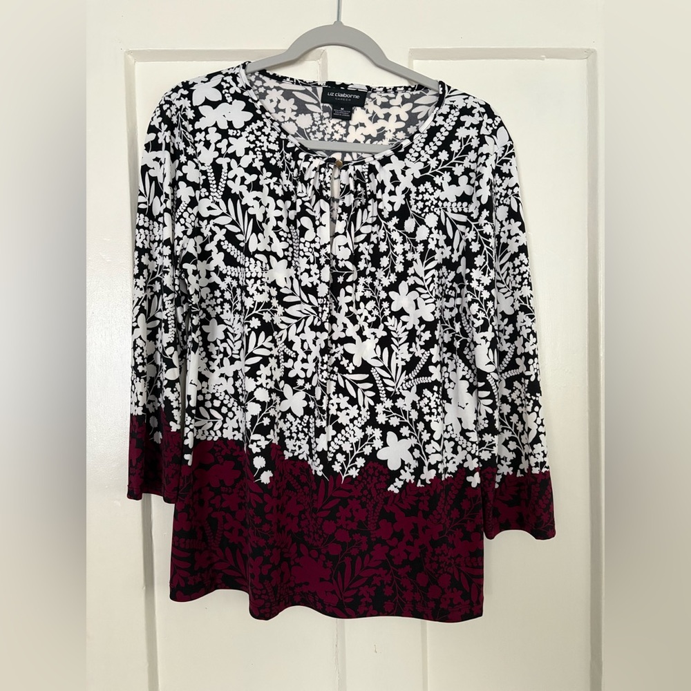 Liz Claiborne Black and White Graphic 3/4 Sleeve Blouse